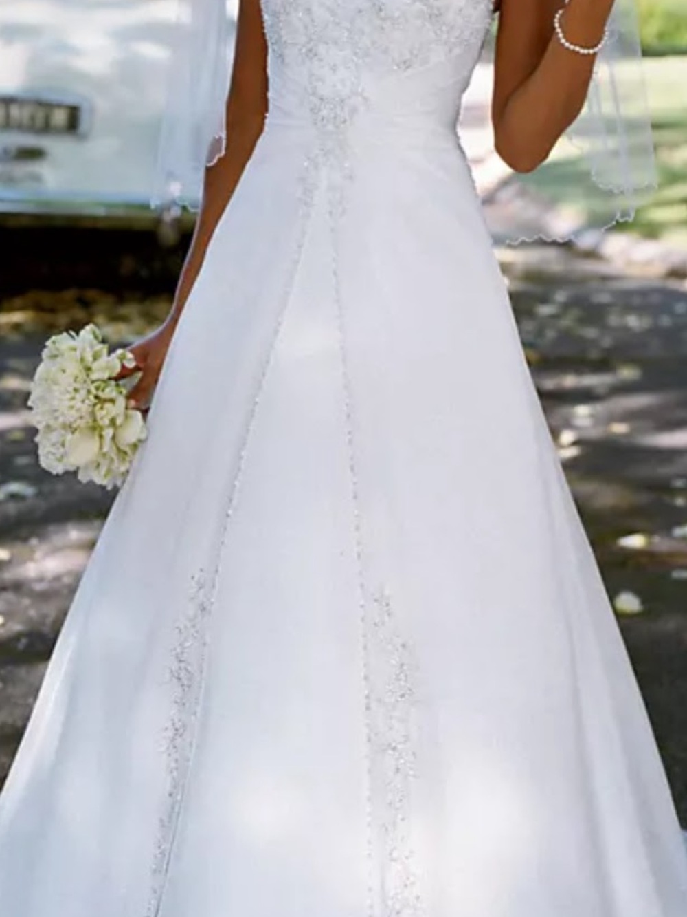 David's Bridal White A-Line Beaded Wedding Gown